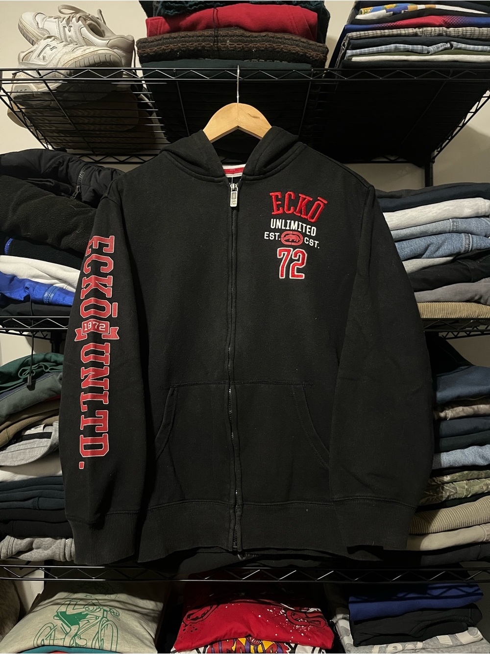 Ecko Unlimited Black Zip-Up Hoodie with Red Logo and Sleeve Script